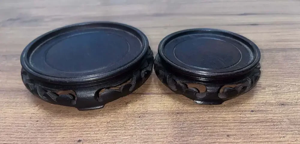 Vintage Chinese Carved Ebonized Wood Round Display Stand Pedestal Set